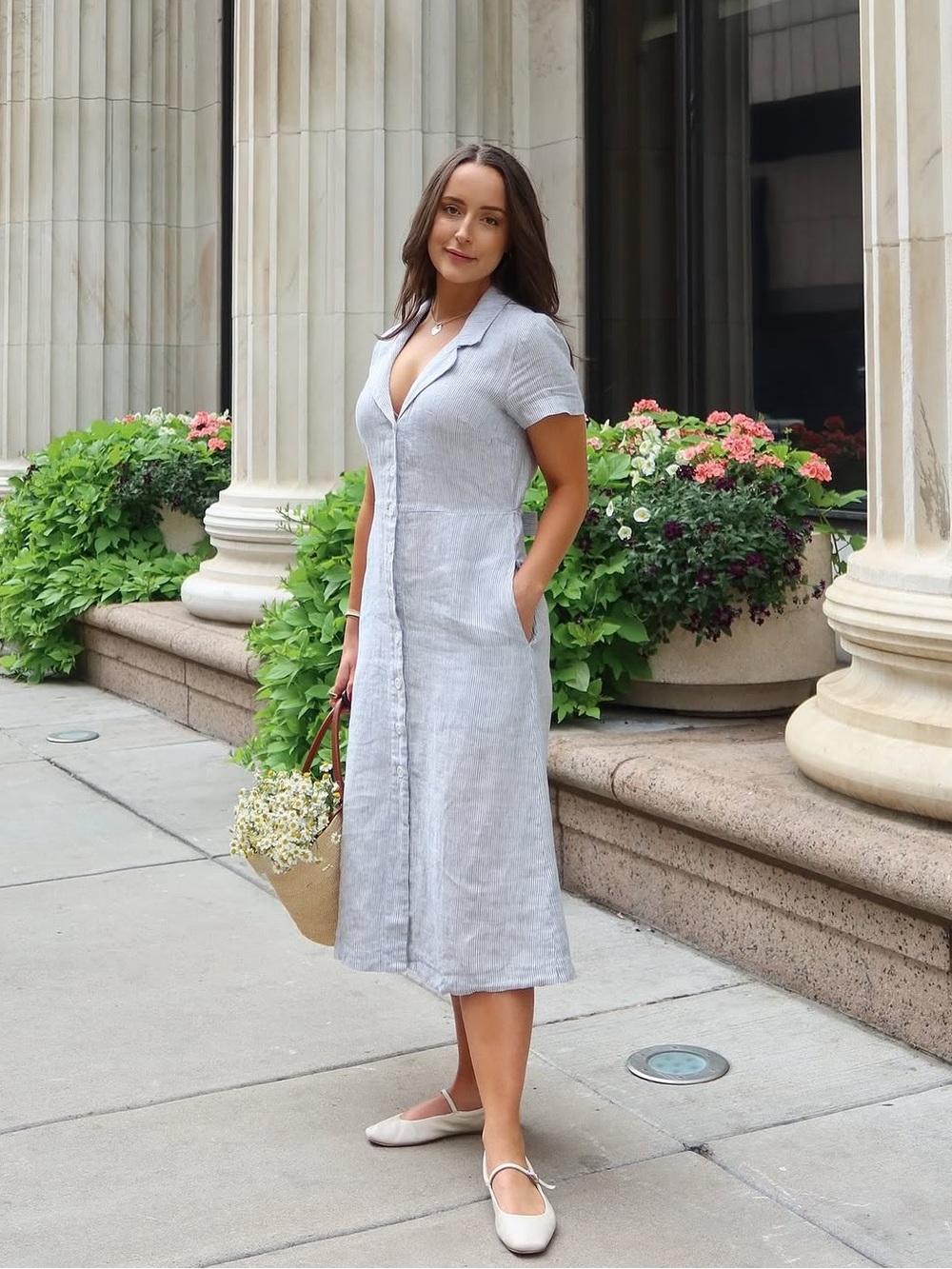 Quince - 100% European Linen Button Front Dress in Blue Pinstripe - Picture 2 of 7